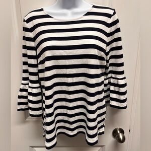 Talbots Black and White Striped 3/4 Bell Sleeve Blouse. Size Medium